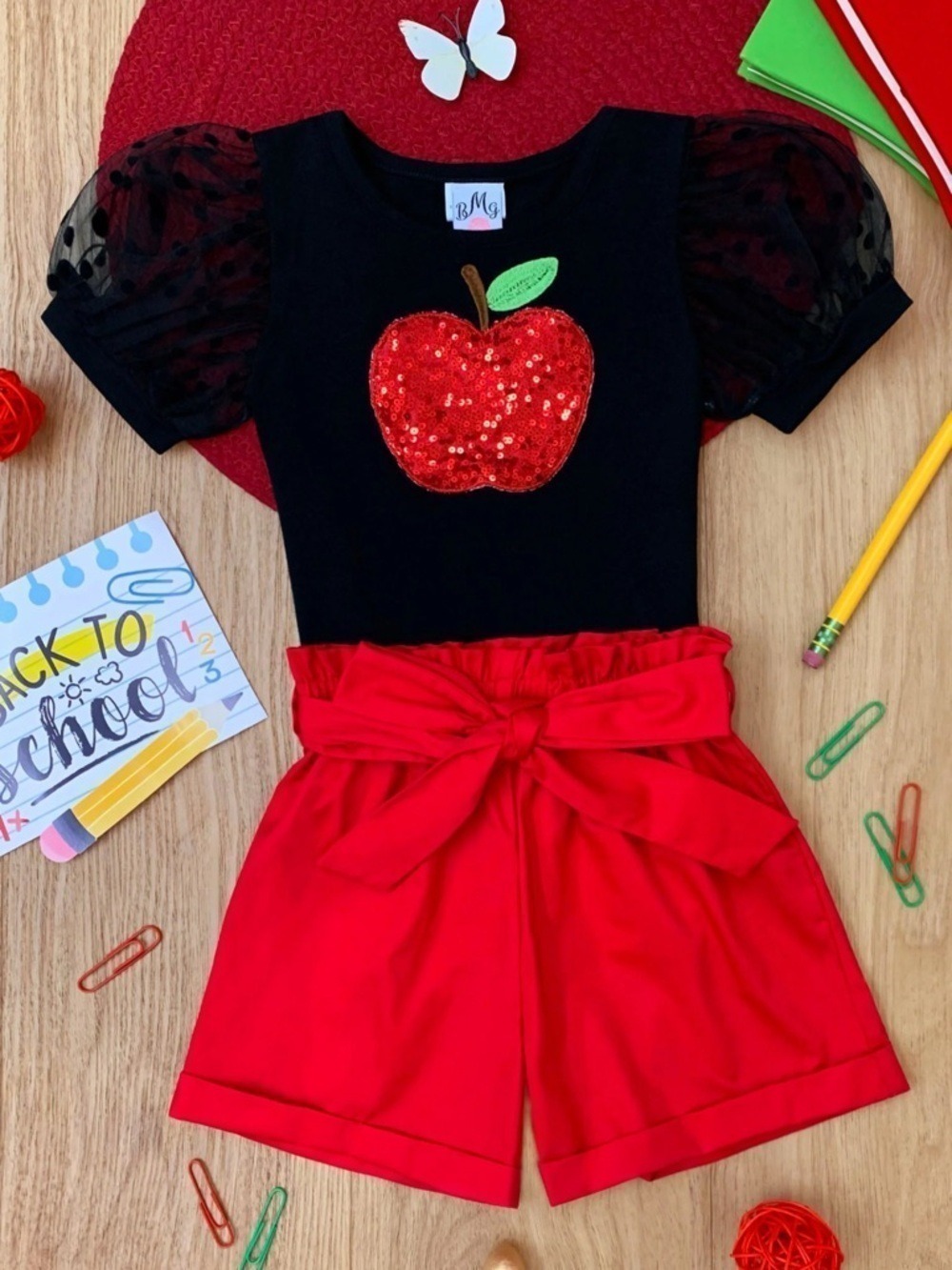 Mia Belle Girls Black Red Apple Sequin Puff Sleeve Top Shorts Set 2T